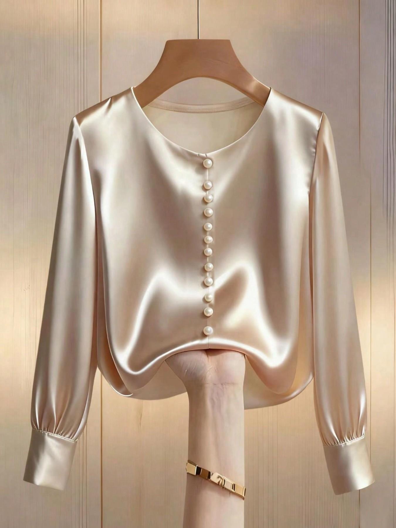 Women's Fashion Fitted Long Sleeve Top, Elegant Satin Round Neck Blouse, Suitable for Casual and Formal Office Commute