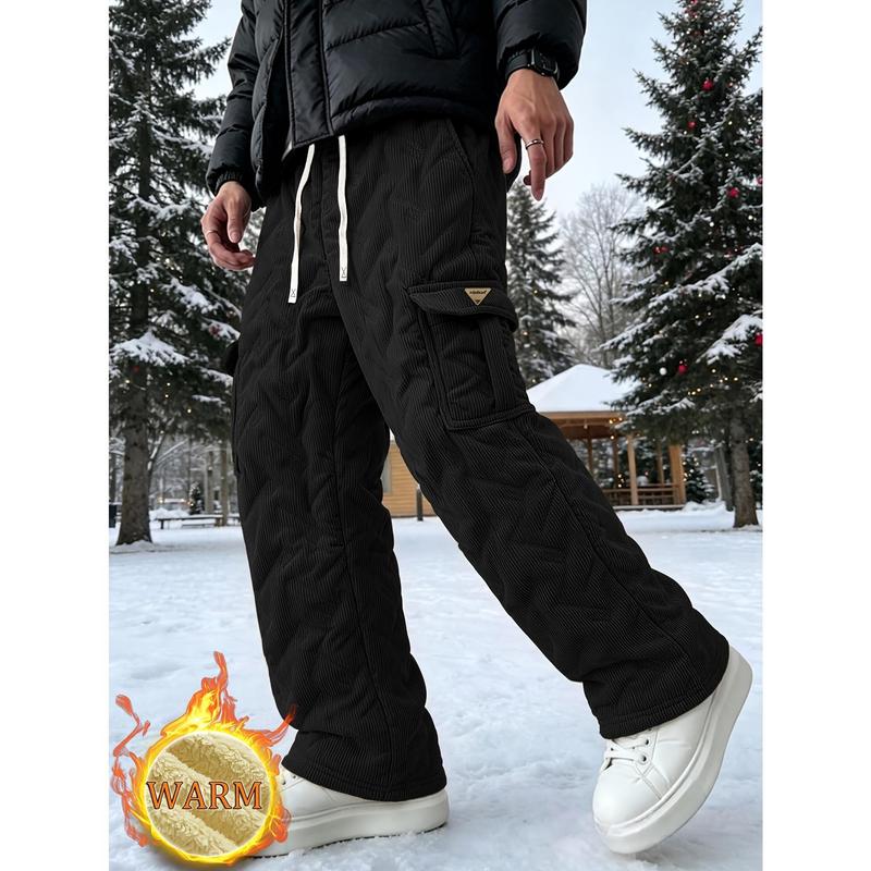 Men's Corduroy Wide-Leg Cargo Pants, Fleece-Lined Drawstring Waist Streetwear Trousers - Warm & Cozy Indoor Winter Lounge Bottoms
