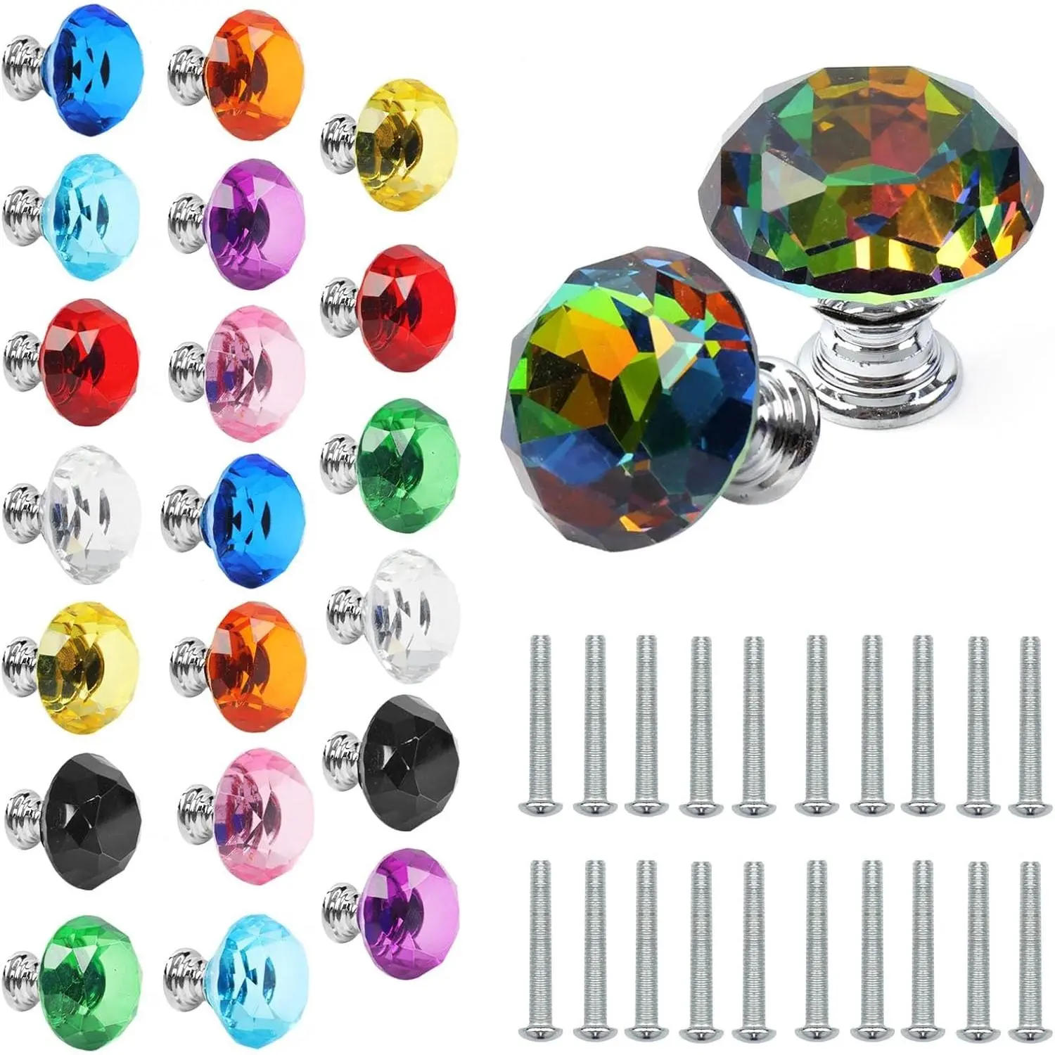 22 Pack 30mm Diamond Crystal Glass Drawer Knobs, Colorful Cabinet Pulls Handles for Dresser Wardrobe Kitchen Bathroom Cupboard, 11 ColorsGift