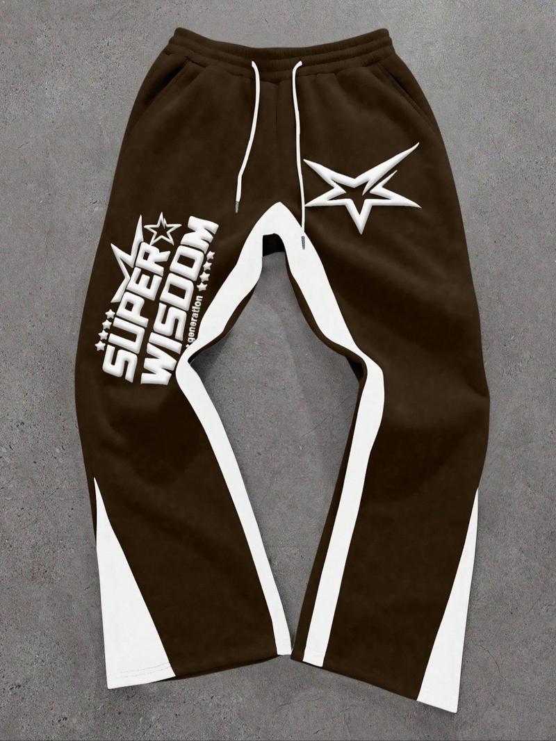 Men's Colorblock Letter & Star Print Sweatpants, Casual Comfy Straight-leg Pants for Daily Wear, Men's Trousers for All Seasons, Athleisure Style Bottoms