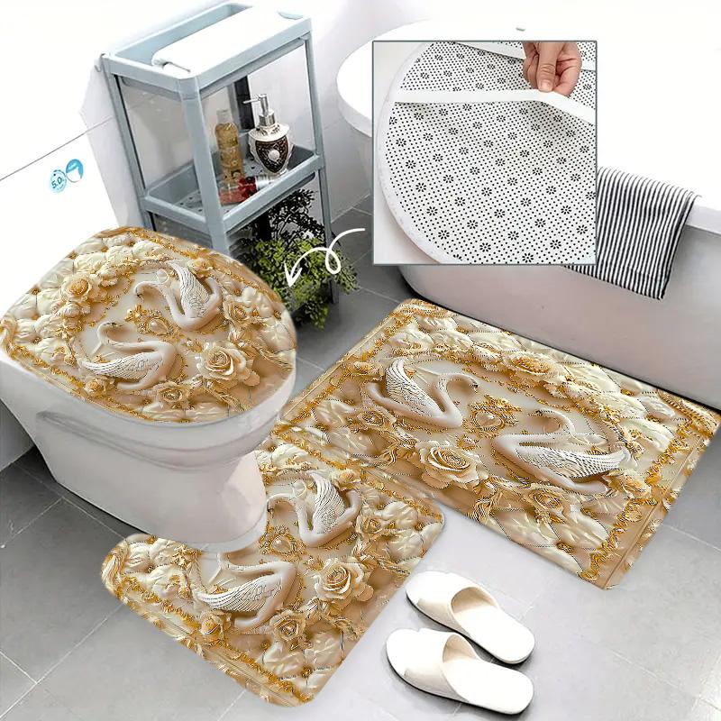Luxury Bathroom Set, Swan Rose Gold Suite, French Palace Elegance, Bath Curtain Set, Home Bathroom Decor, Includes Mats, Best Gift, Shower, Hook