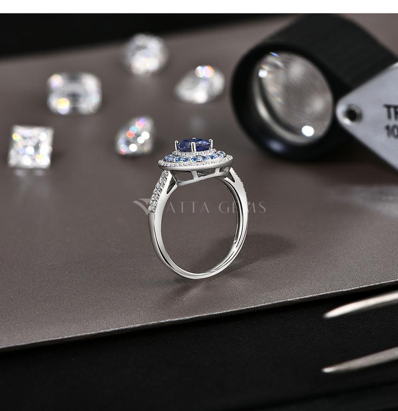 1CT Oval Shape  Lab-Created Blue Moissanite Ring With Halo  for Women Engagement Wedding Anniversary Jewelry R166