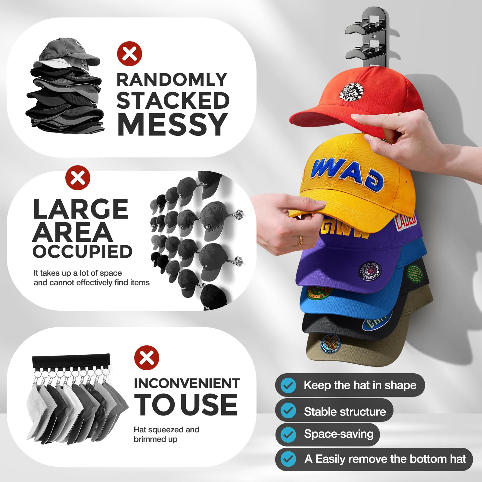 Multi-Piece Baseball Cap Storage Rack, Wall-Mounted Hat Hanger Holder Holds 20 Hats, Includes Strong Adhesive & Screws, Ideal for Door, Closet, Bedroom