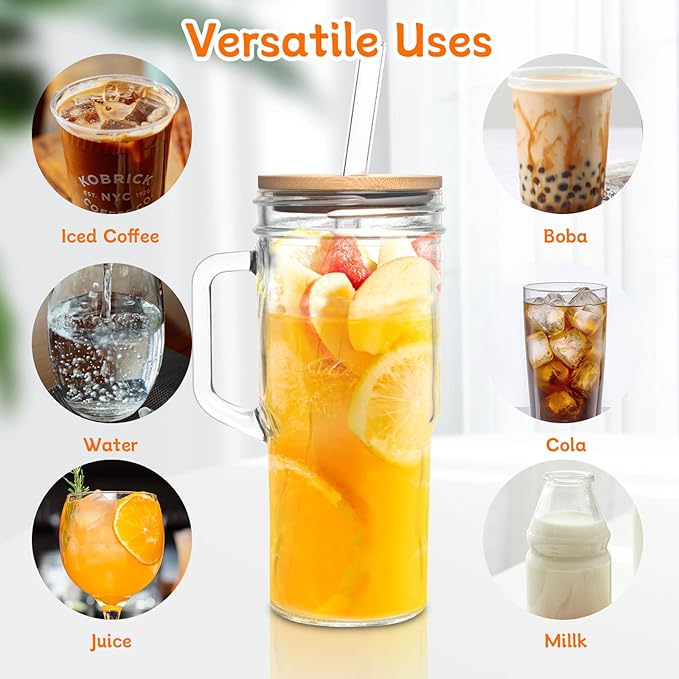 24oz Mason Jar with Handle-Glass Tumbler with Lid and Straw Wide Mouth Reusable Drinking Glasses,Valentines Gifts for Her,Gifts for Women,Boba Cup Smoothie Tumbler Iced Coffee Cup Travel Mug,Glass Bottles，
