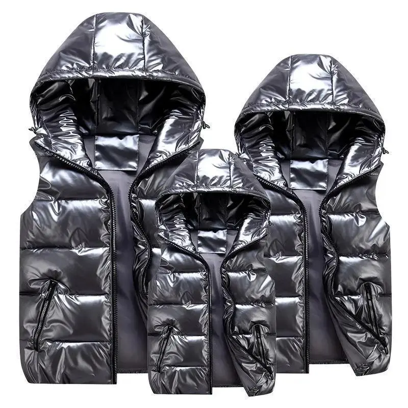 Autumn and Winter Parent-Child Glossy Stand Collar Cotton Vest Men's Thickened Hooded Slim Fit Waistcoat Cotton Couple Vest Menswear Tops