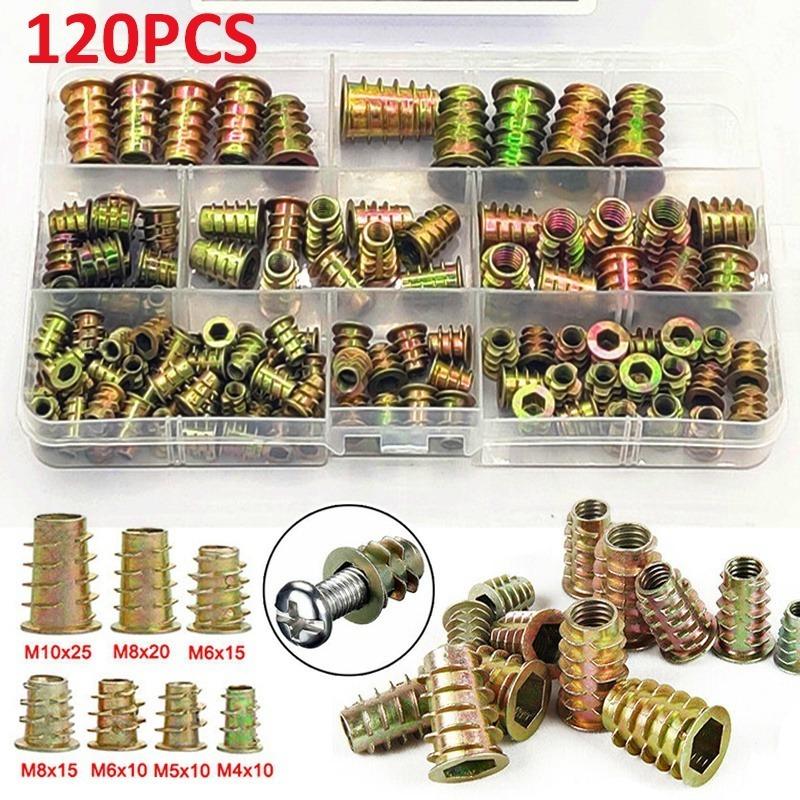 120 Piece Set Zinc Alloy Threaded Inserts M4 M5 M6 M8 M10, Wood Embedding Nuts Flange Hex Drive Head Furniture Bolts