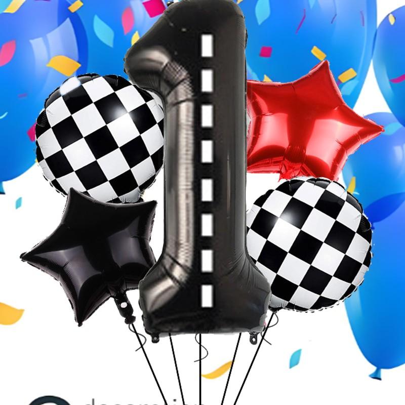 Race Car Theme Number Star Balloons, Checkered Foil, Multi Shape Mixed Color Set, Boys Birthday Party Decor