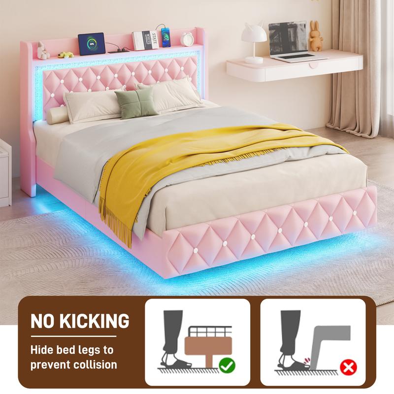 Floating Twin/Full/Queen Bed Frame with LED Light, Upholstered Platform Twin Bed with Charging Station & Wingback, Diamond Tufted Storage Headboard & Footboard, PU Leather, No Box Spring Needed, White/Pink