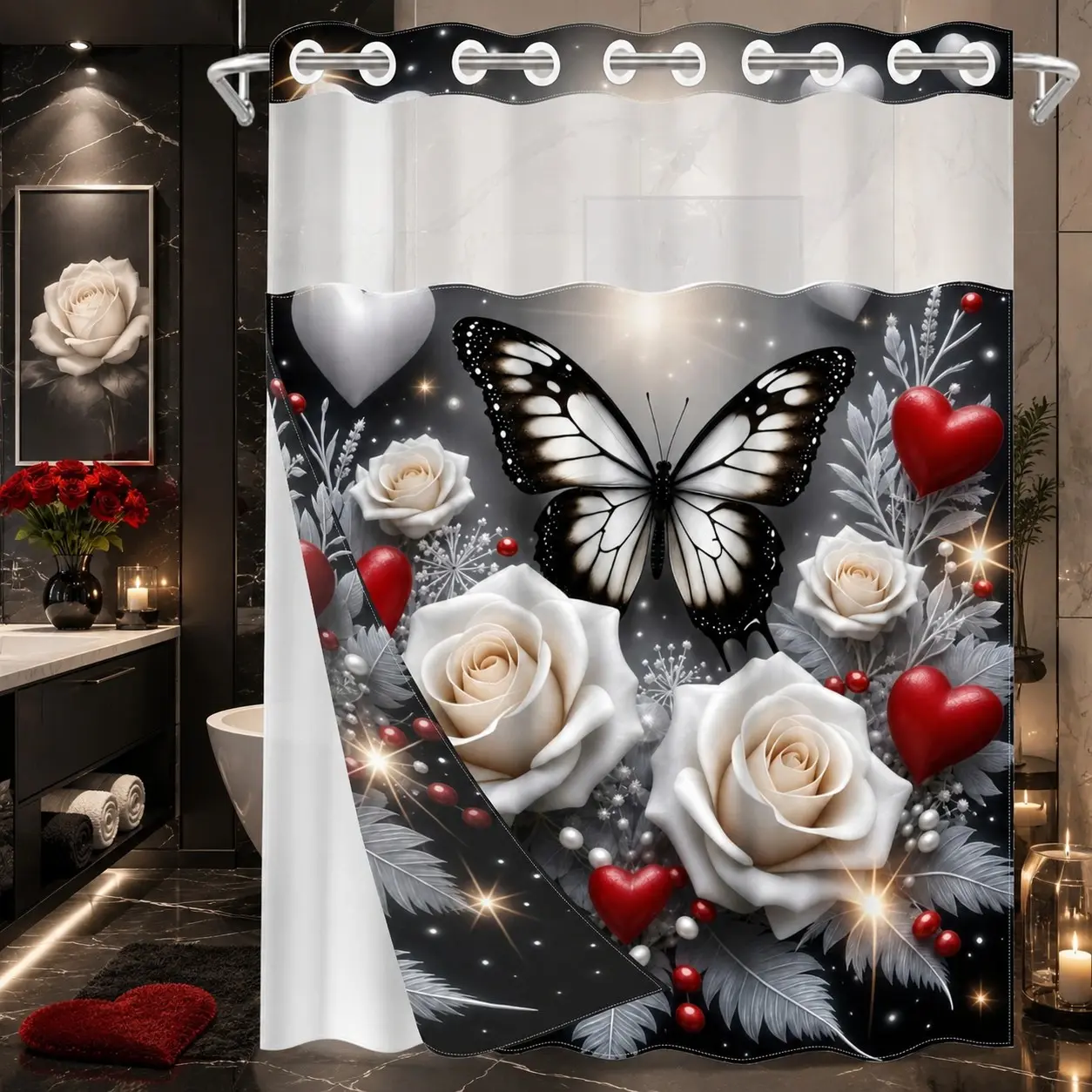 1PC Black & White Butterfly, White Rose and Red Heart Double-Layer Woven Shower Curtain, No Hooks, Transparent Top Window, Removable Snap-On Liner, Romantic Luxury Bathroom Art Decor for Valentine's Day and Holiday Decoration