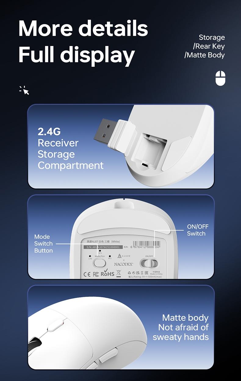 NJ07 Wireless Office Mouse AJAZZ Soft Tone Button the third mock examination Computer Office Mouse 1kHz Rate of Return Game Mouse 2.4G Wired BT Six gear DPI Adjustment 12800 Lightweight 67g Office Supplies Multi scenario Application