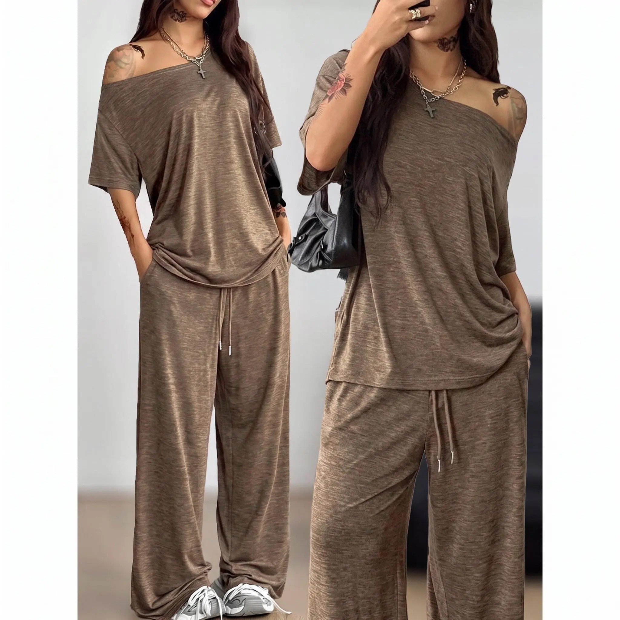 VVZ 2026 Women's Fit 2-Piece Casual Tracksuit - Soft Rayon Slight Stretch 1-Shoulder Short-Sleeve Tee + Wide Leg Sweatpants for Hip Comfort Sportswear
