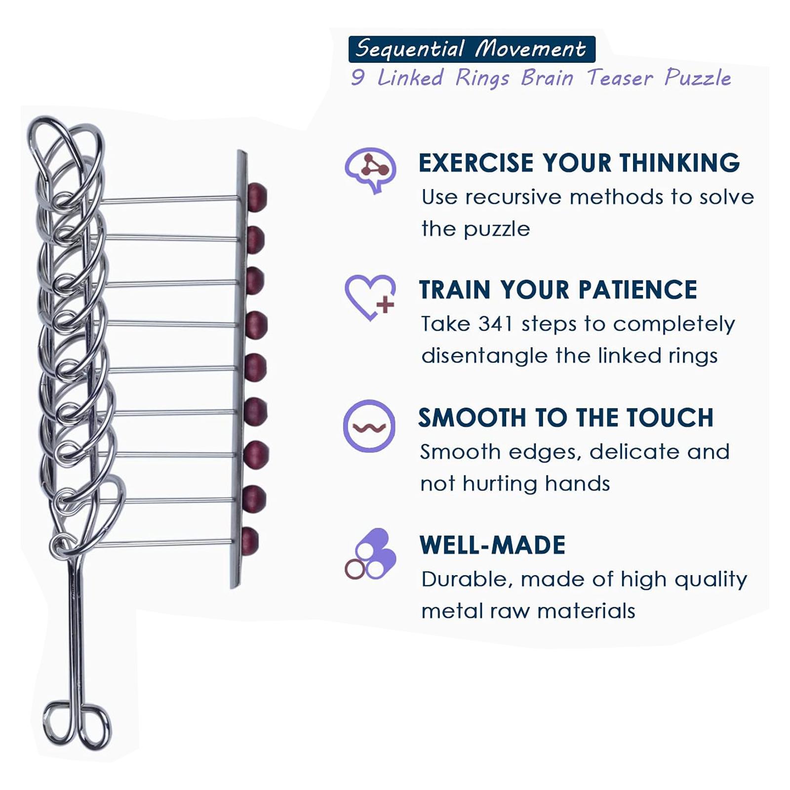 Challenging Brain Puzzle,Physics Mind Metal Puzzles,Metal Brain Teaser Puzzles,9 Linked Rings Metal Puzzle,Ring Toy Set Puzzle Pieces Game Solution Interlock Metal Wire Puzzle Solving.