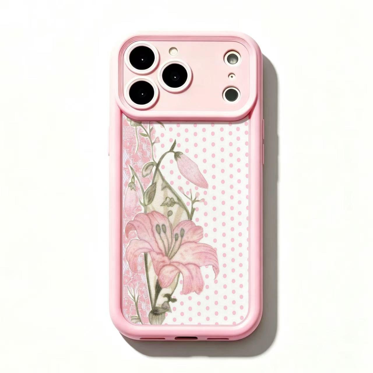 4 Styles Pink Frame Lily Floral Phone Case Watercolor Flower Polka Dot Stripe Botanical Shockproof Protective Cover for iPhone 11 12 Mini 13 Mini 14 15 16 17 Air Pro Max Samsung S26 S25 S24 S23 S22 S21 Gift for Her