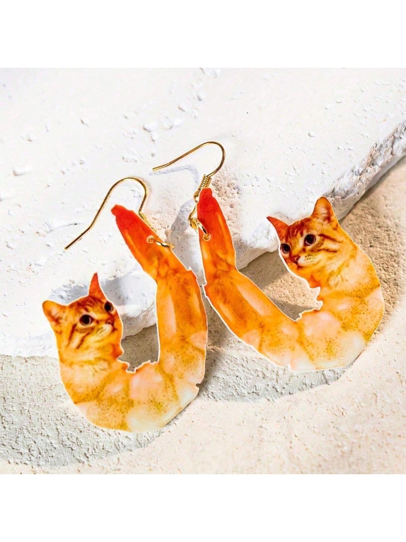 a pair of acrylic pendant earrings, cat shaped shrimp earrings - bright orange yellow pendant earrings, lightweight holiday women's jewelry, beach party and carnival gifts, tropical style earrings, vacation accessories