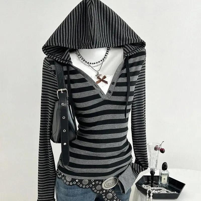 American Street Style Striped Long Sleeve Hooded Top for Women Daily Wear Casual Slim-Fit Streetwear