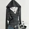 American Street Style Striped Long Sleeve Hooded Top for Women Daily Wear Casual Slim-Fit Streetwear