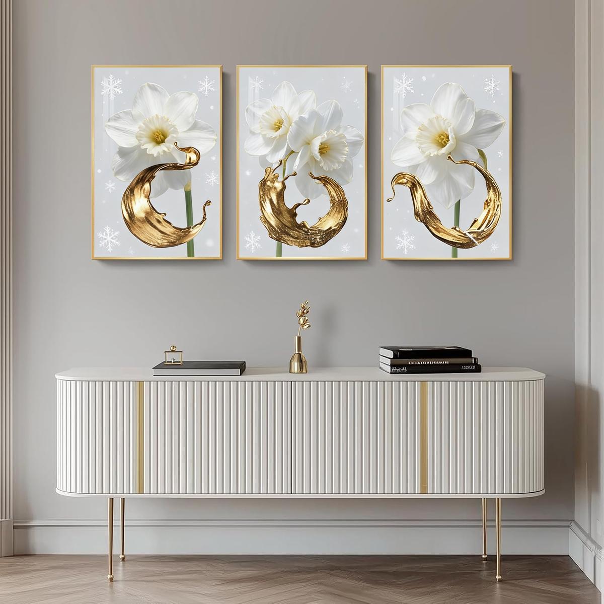 3 Counts Aluminum Alloy Framed Painting, White Daffodil Gold Splash Art Pictures, Home Decoration For Living Room, Bedroom, Office, Restaurant, Hallway Wall Decor, Odorless Print Artwork, Luxury Perfect Gift For Friends And Family