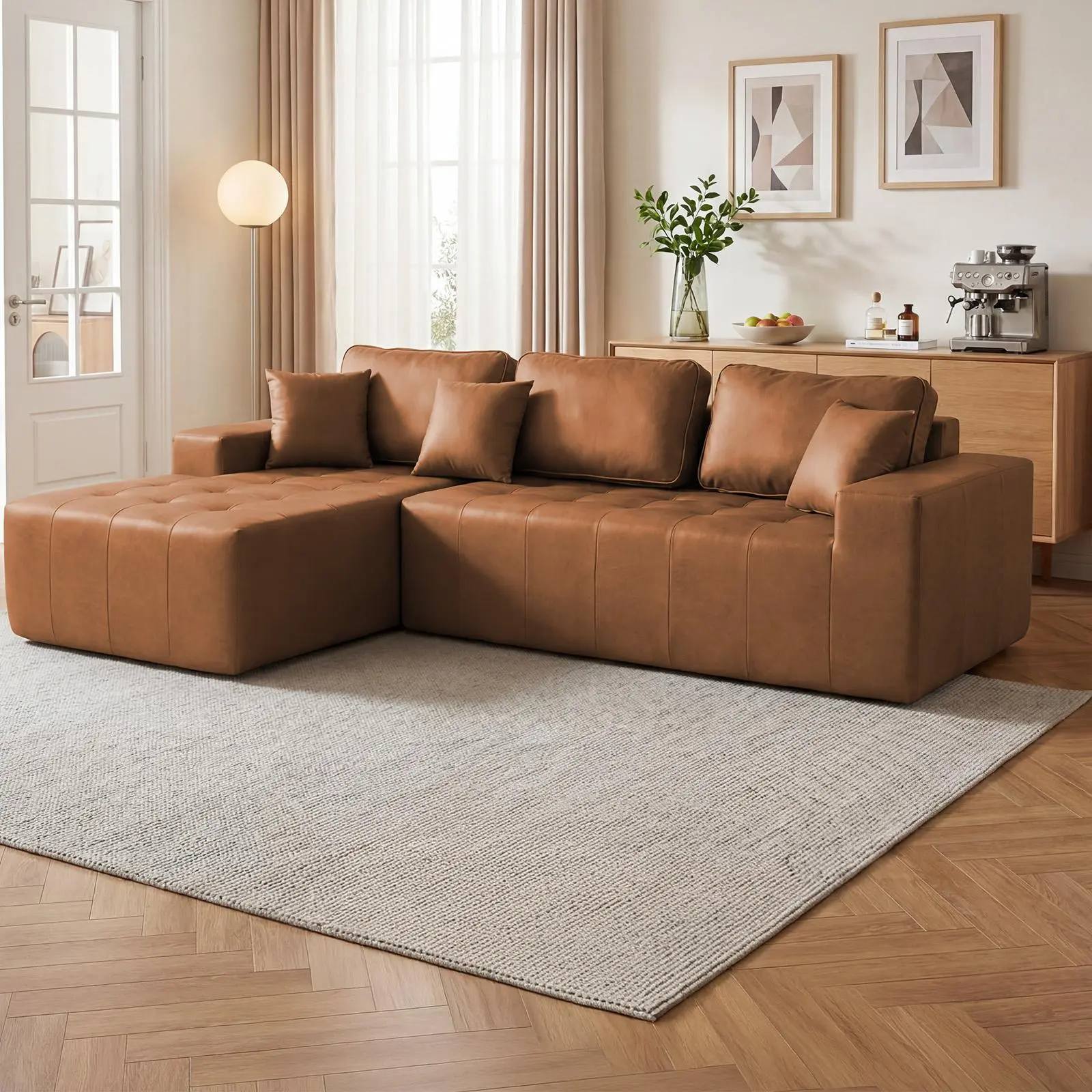 L-Shaped Corner Chaise Sectional Sofa Bed with Faux Upholstery and High-Density Sponge, 4-Seat Convertible Couch for Living Room, Apartment, Guest Room, Light Brown