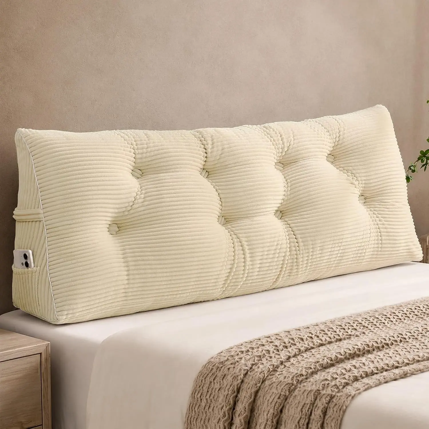 Headboard Pillow Queen, Bed Wedge Pillow Headboard, Beige | Wide-Wale Corduroy, Side Pockets, Removable Cover, Machine Washable, Ergonomic Back Support, Sitting-Up Support