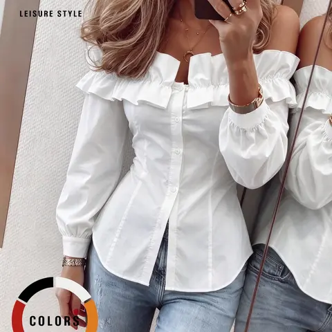 Women's Off The Shoulder Ruffle Blouse, Long Puff Sleeve Button Down Fitted Shirt, Elegant Slim Waist Casual Top for Jeans