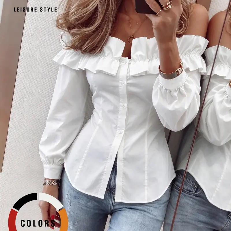 Women's Off The Shoulder Ruffle Blouse, Long Puff Sleeve Button Down Fitted Shirt, Elegant Slim Waist Casual Top for Jeans