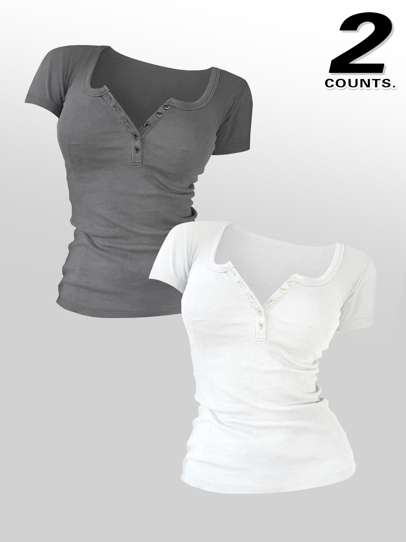 Women's Solid Color Button V-Neck Tee, Casual Short-Sleeve T-Shirt Top for Summer Daily Wear, Ladies Clothes