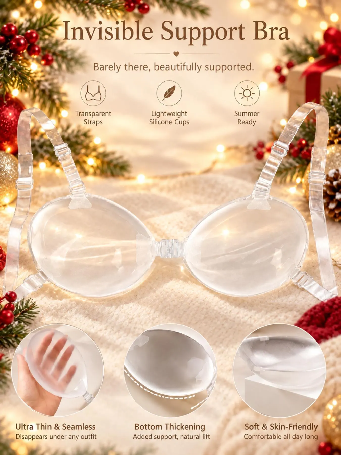 Women 1pair Clear Silicone Adhesive Invisible Bra, Front Closure Push Up Sticky Bra with Detachable Transparent Shoulder Straps, Ultra Thin Seamless Bra, Adhesive Bras for Various Outfit Styles