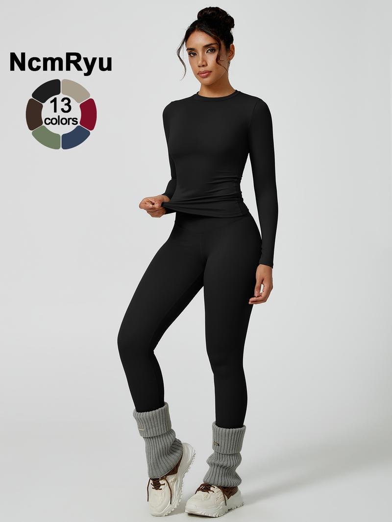 Two-Piece Set Women's Patchwork High Elastic Soft Round Neck Flat Shoulder Long Sleeve Slim Fit Beautiful Hip Tight Pants Yoga Clothes suit Four Seasons Outdoor Running Cycling Hiking Walking Shopping Fashion suit Gym Sporty High Stretch