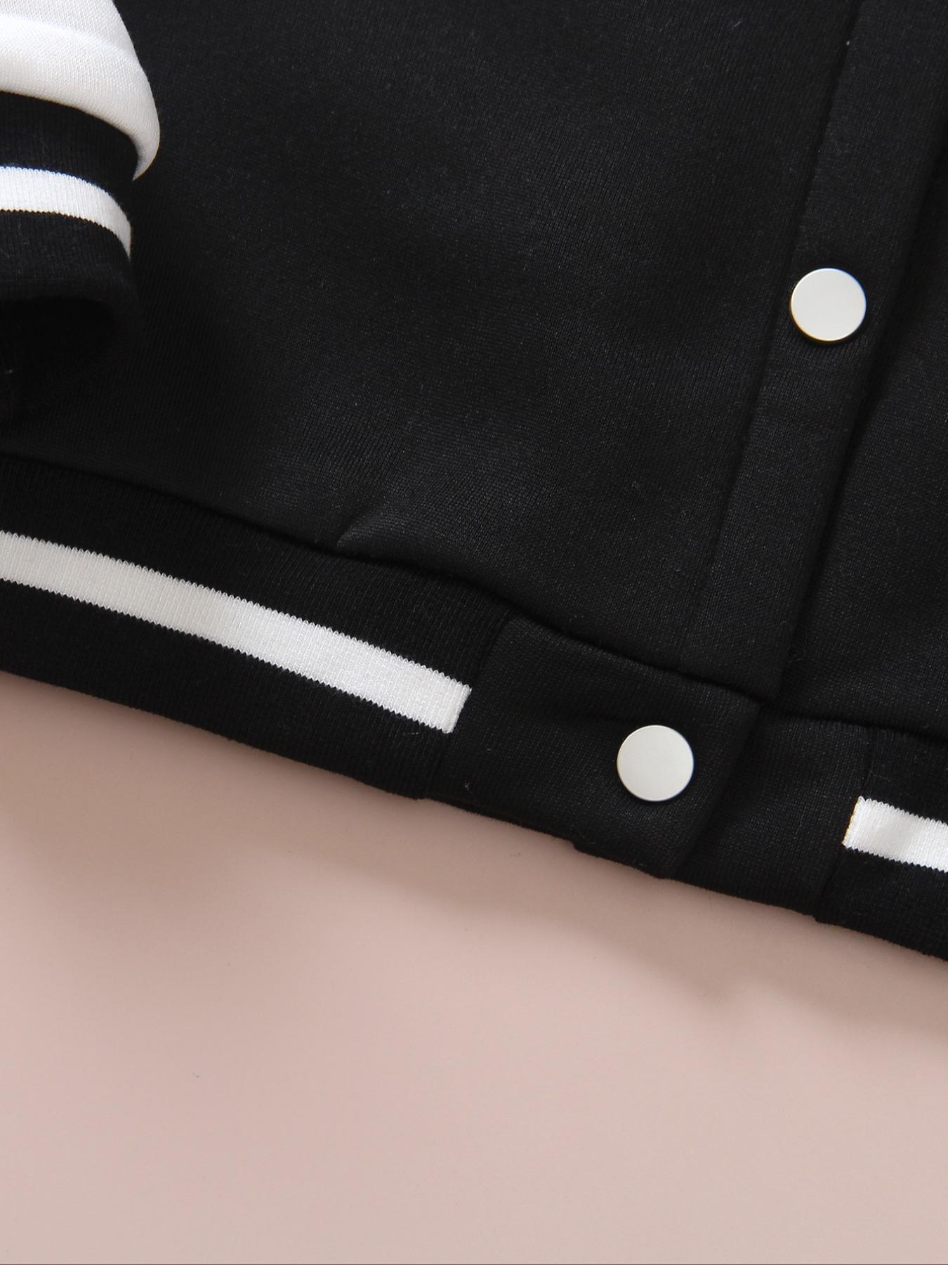 Girls' Spring & Fall Fashion Kpop Series Print Fleece Lined Jacket, Cute Letter Pattern Baseball Coat, Casual Preppy Style Outerwear, Casual Comfy Jacket