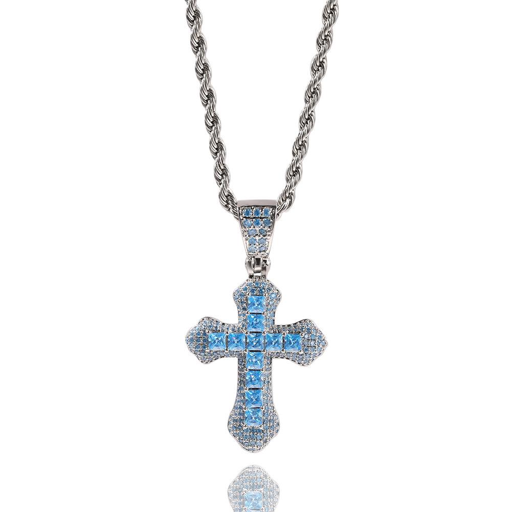 Hip-hop new blue zirconium cross necklace for men, fashionable and versatile heavy-punk sweater chain accessory