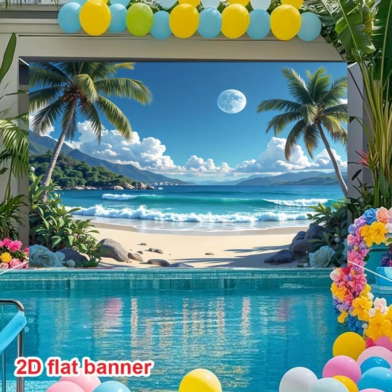 2D Flat Seaside Background Decoration Supplies, 1 PC Hawaiian Beach Scene Hanging Cloth - Tropical Party Banner with Palm Trees, Waves and Full Moon, Perfect Gift for Weddings, Birthdays, Anniversaries and All Seasons Home and Event Decoration, Hawaiian P