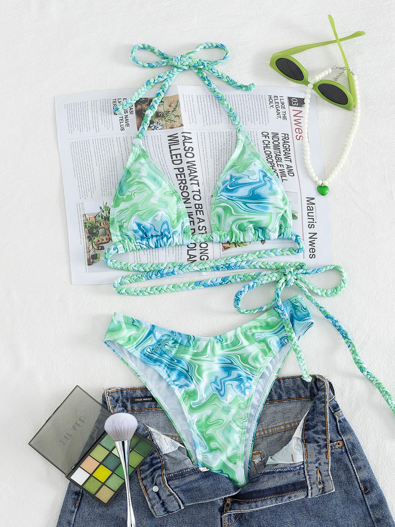 2026 New Ocean Marble Print Halter Bikini, Braided Strap Tie Waist Two Piece Swimsuit, High Cut Summer Beach Vacation Swimwear