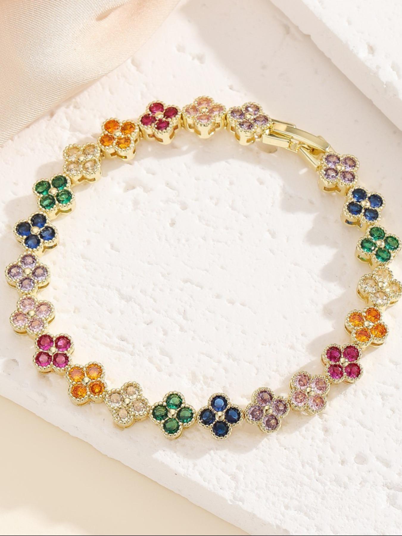 Rainbow Clover Gemstone Bracelet, Elegant Multi-Color Zircon Edge Craft, Perfect for Office/date, High-End Luxury Accessory