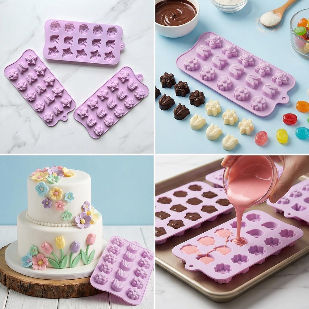 3pcs Tulip Shape Chocolate Silicone Molds, DIY Candy Pudding Baking Cookie Birthday Cake Decoration, 15 Cavity Mold Set