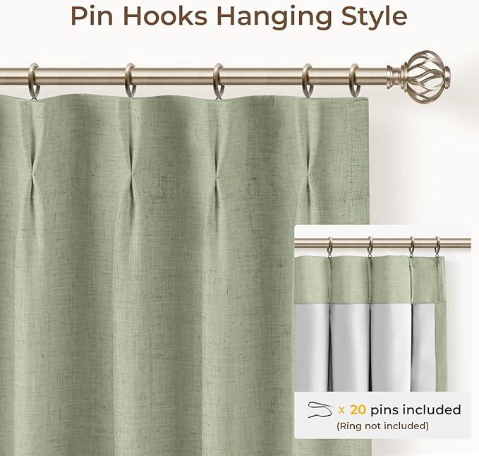 INOVADAY Pinch Pleated Curtains, 2 Panels Full Blackout Curtains, Linen Pleated Blackout Drapes For Bedroom, Thermal Black Out Pinch Pleat Drapes with Hooks