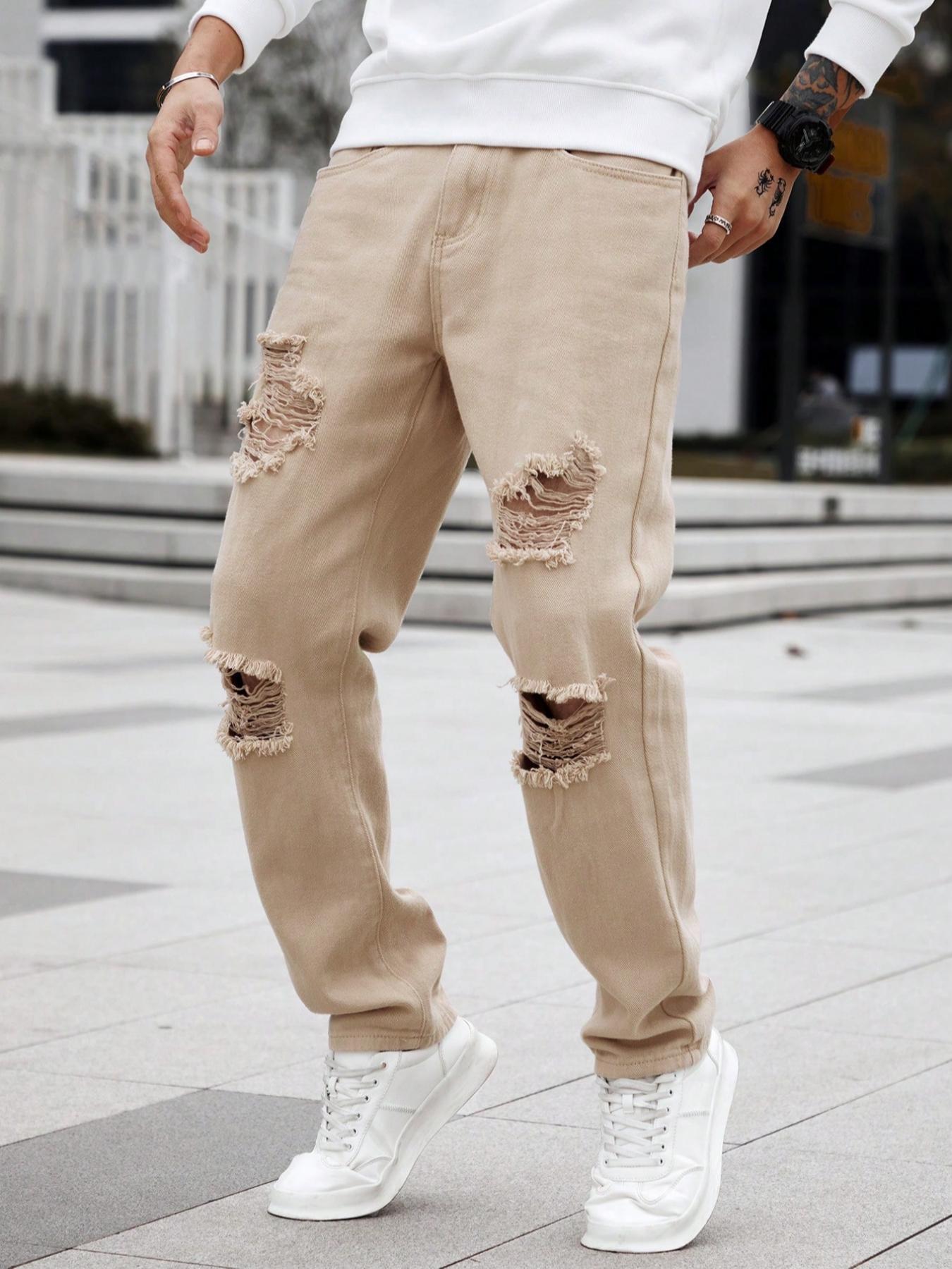 Men's Street Style Skinny Fit Jeans with Ripped Details, All-Season Casual Fashion, Perfect Gift for Husband or Boyfriend