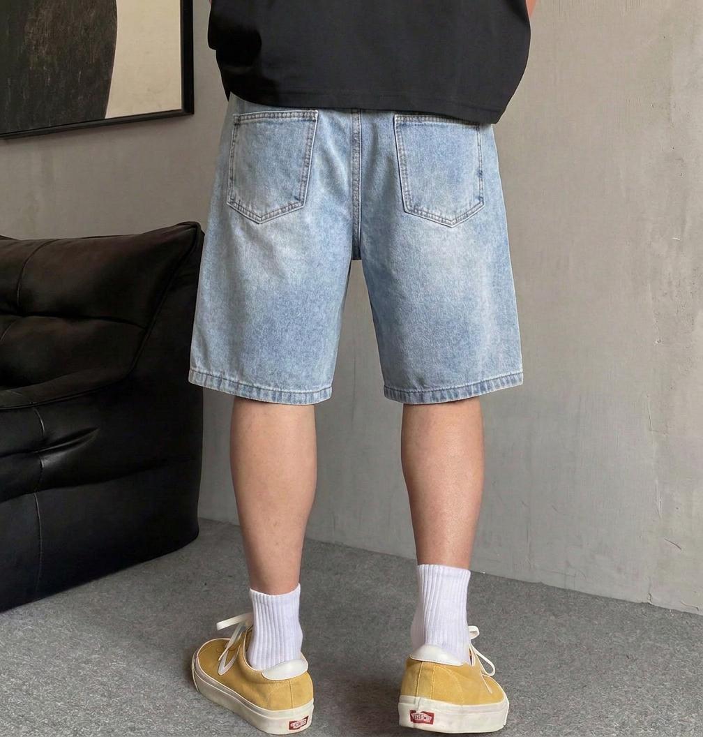 Men's Light Blue Minimalist Denim Shorts - Soft, Breathable Menswear with Regular Straight Fit, 5-Pocket Design, Zipper, Stylish Streetwear for Outdoor Activities, Everyday Wear