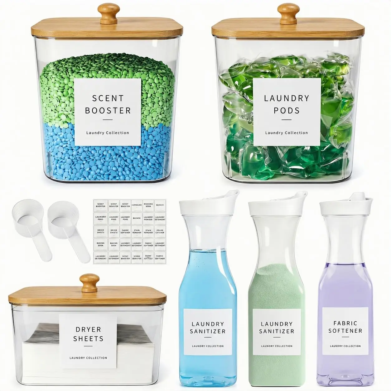 3+3 Pack Laundry Pods Containers & Dryer Sheet Holder & Laundry Detergent Dispenser, Laundry Room Organization and Storage Jars with Lids, Labels and Scoops for Scent Booster, Powder, Pods