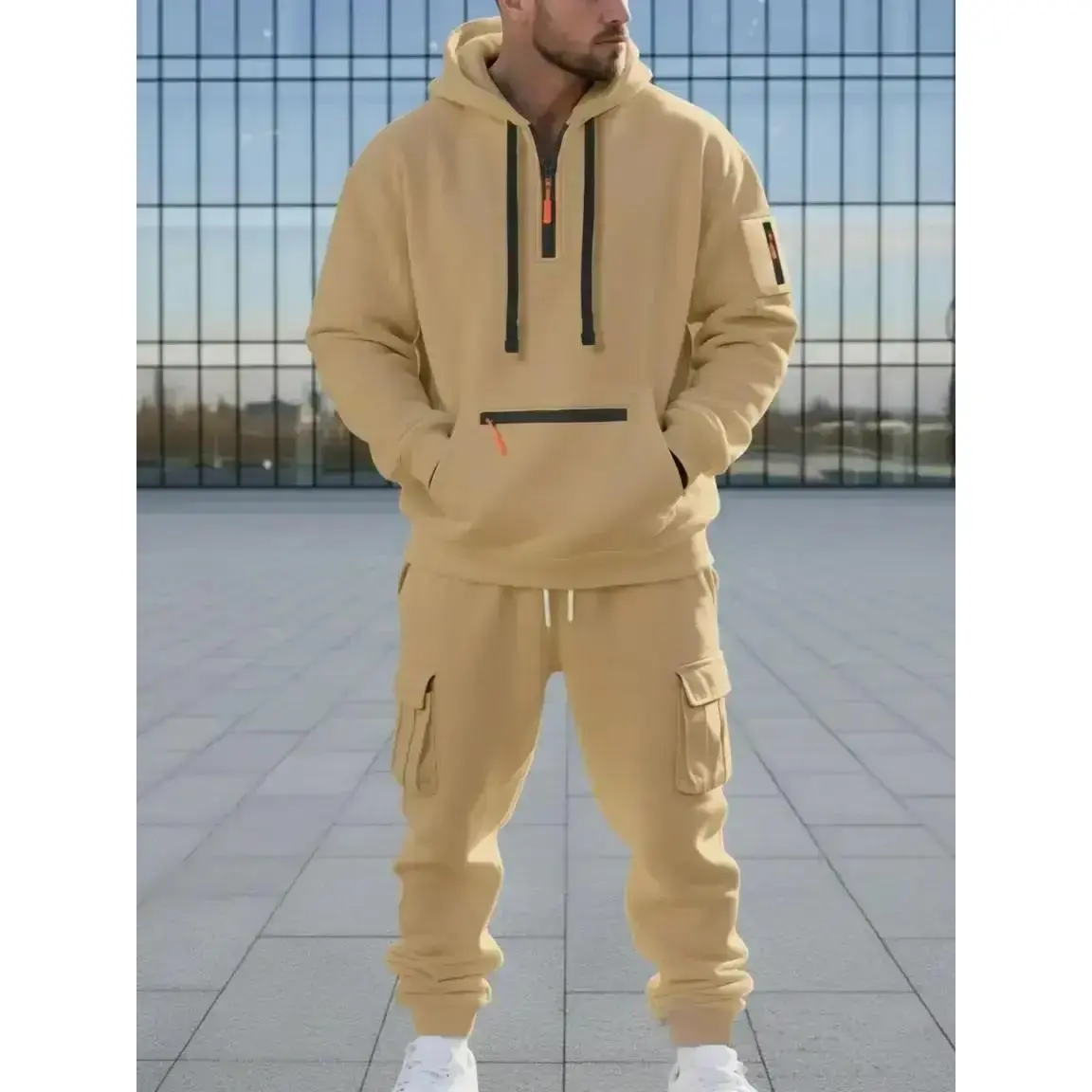 A 2-piece heavy-duty fleece loose men's long-sleeved hooded sweatshirt and multi-pocket work pants set, windproof and warm, suitable for daily casual outdoor sports men's clothing top and long pants set，christmas、christmas gift ideas