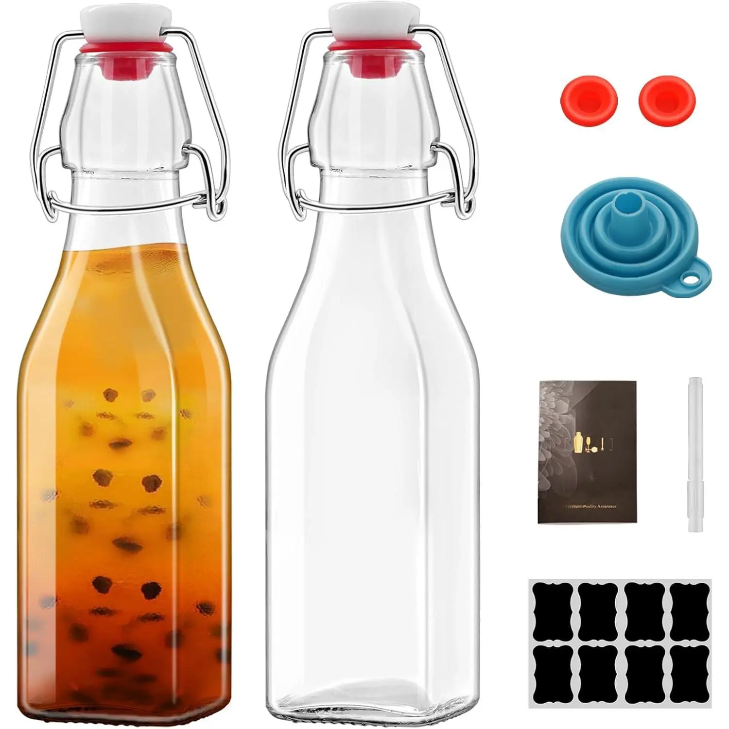 2 Pack 8oz (250ML) Square Swing Top Glass Bottles with Airtight Seal Stoppers - Durable Brewing & Kombucha Storage Containers, Bonus Gaskets, Labels & Funnel for Casual Events, Party