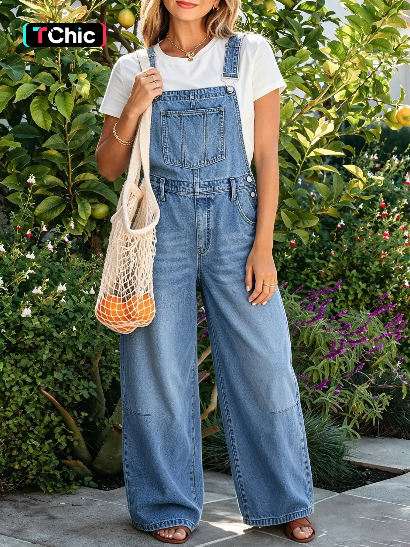 Light Blue Washed Workwear Bib Pants, Classic Five-Pocket Wide Leg Jeans, Loose Fit, Vintage Casual Long Overall for Women
