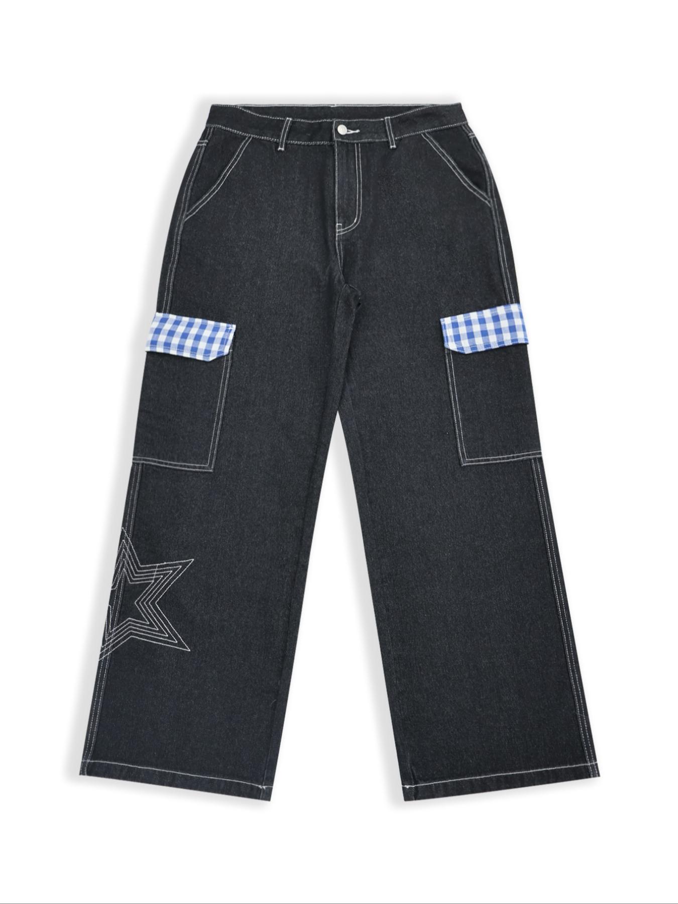 Fashion Streetwear Hip-Hop Straight Leg Embroidered Classic Work Jeans for Men, Trendy Multi-Pocket Work Denim Jeans, Casual Loose Fit
