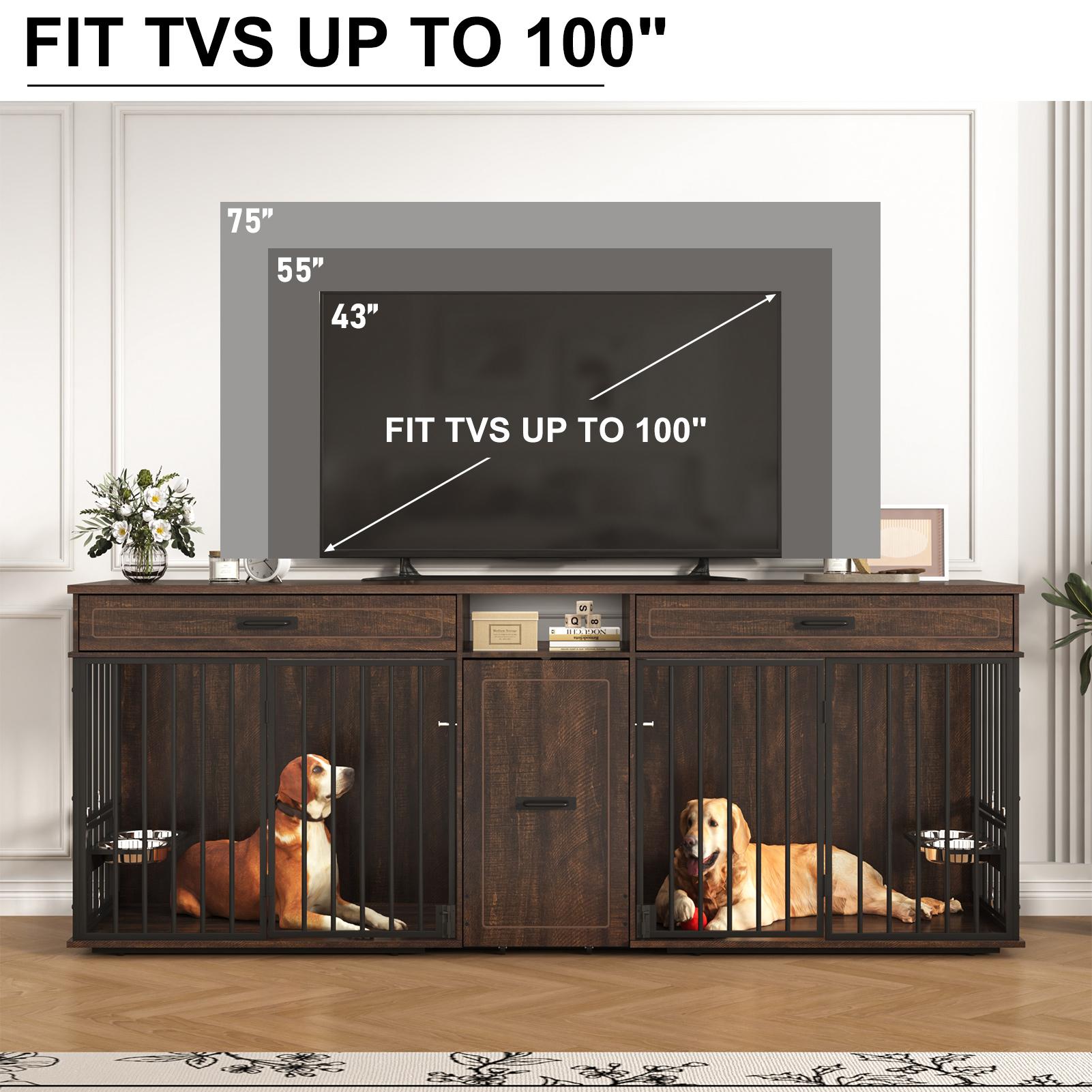 【2Packages Shipping】86.6" Dog Crate Furniture Large Breed TV Stand with Double Rooms, Wooden Dog Kennel Furniture with Dog Bowl, 2 Drawers and Cabinet for Large Medium Dogs, Black/Brown