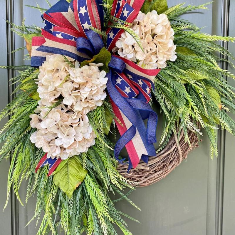 Independence Day Wreath Front Door Decoration, American Flag Bow Hydrangea Patriotic Wreath, Memorial Day Outdoor Porch Home Wall Decor
