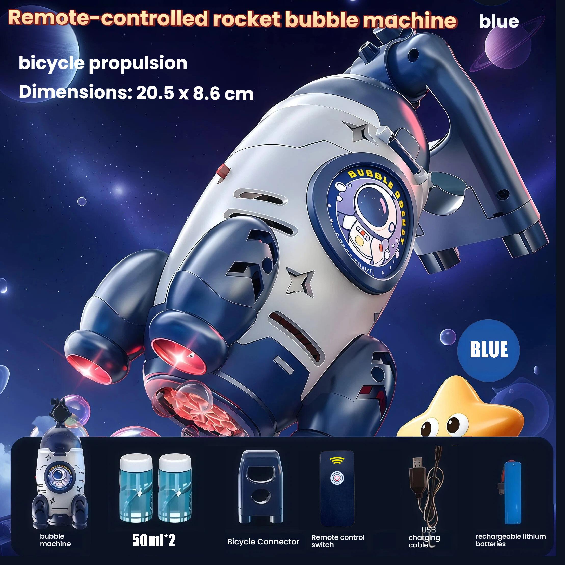 Bicycle Mounted Rocket Bubble Machine, Auto Lights, Super Bubble Output, Fits Bike/Motorcycle, Remote Control Outdoor Bubble Toy for Kids 3-6 & 6-8 Years Old （ Includes 50ML*2 Bubble Solution）