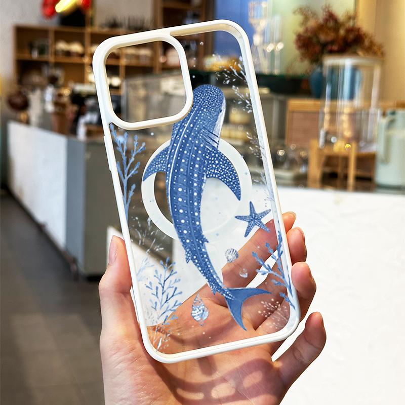 Marine Whale Shark Phone Case, Coastal Summer Aesthetic Style for iPhone 17 16 15 14 13 12 11 Plus Pro Max. Shockproof Gift for Women