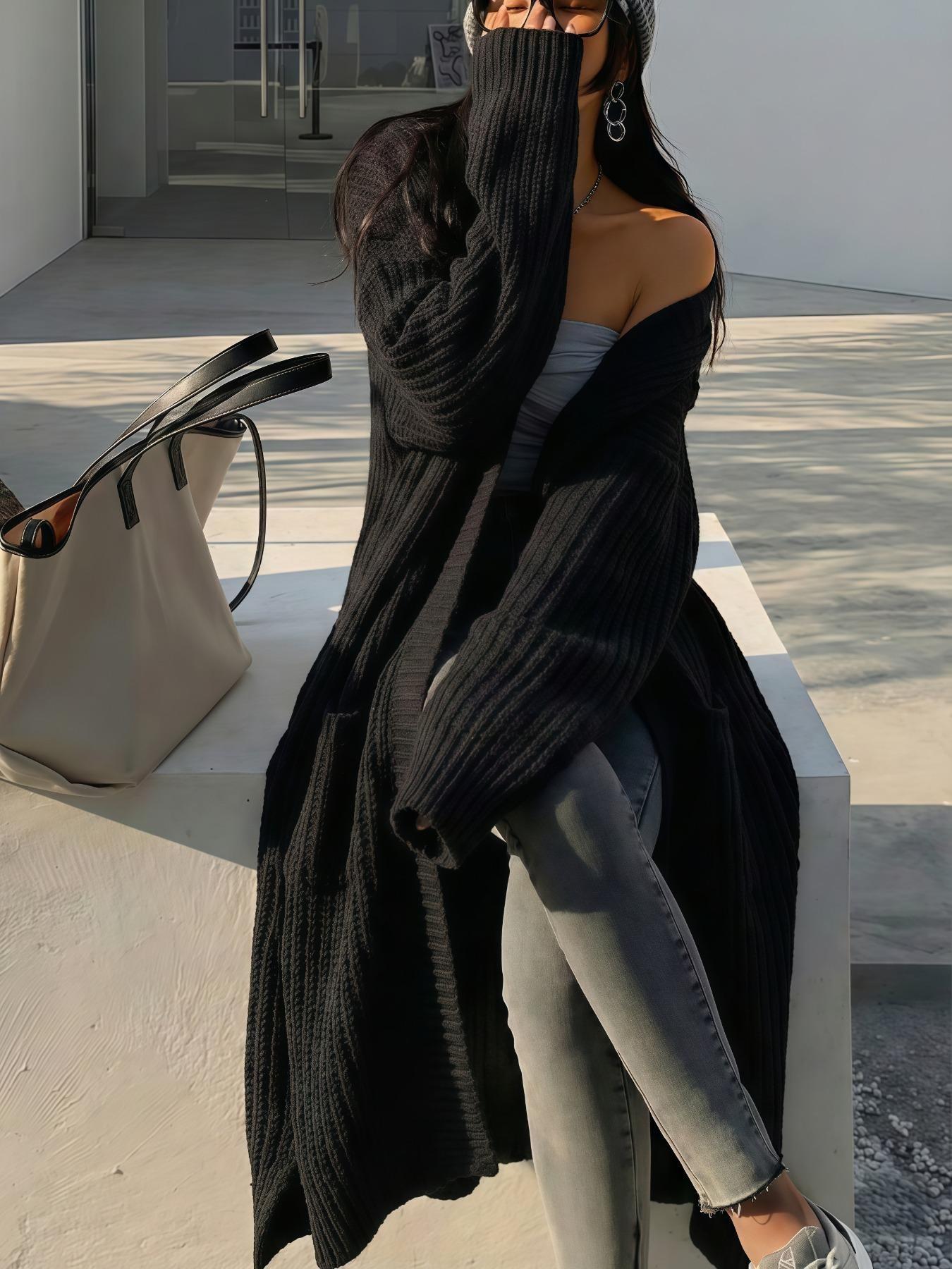 Women's Oversized Y2K Long Sleeve Cardigan, Ribbed Knit Fabric with Pockets, Loose Fit, Long Style, Perfect for Spring Fall Winter, Casual Layering