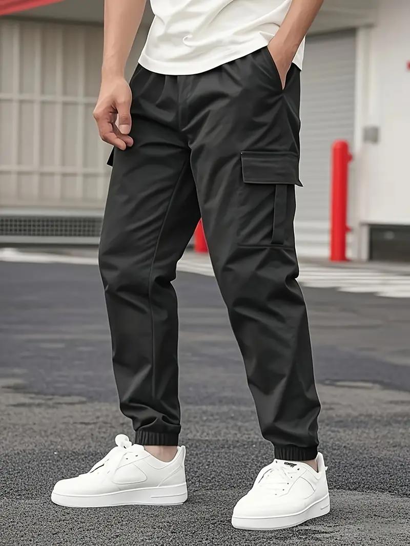 Men's durable work pants with multiple pockets; outdoor sports pants; cargo pants with drawstring design; tapered men's pants; machine washable; holiday gift.