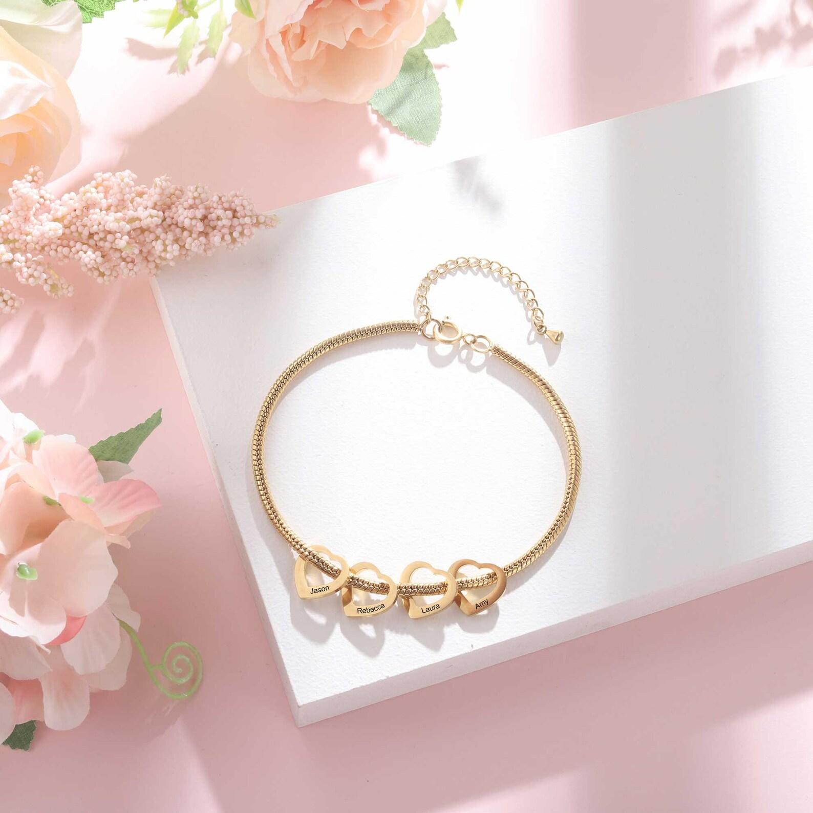 AS976 Personalized Mom Bracelet with Kids Names, Custom Heart Charm Bracelet, Engraved Name Jewelry,  Gift for Mom Grandma