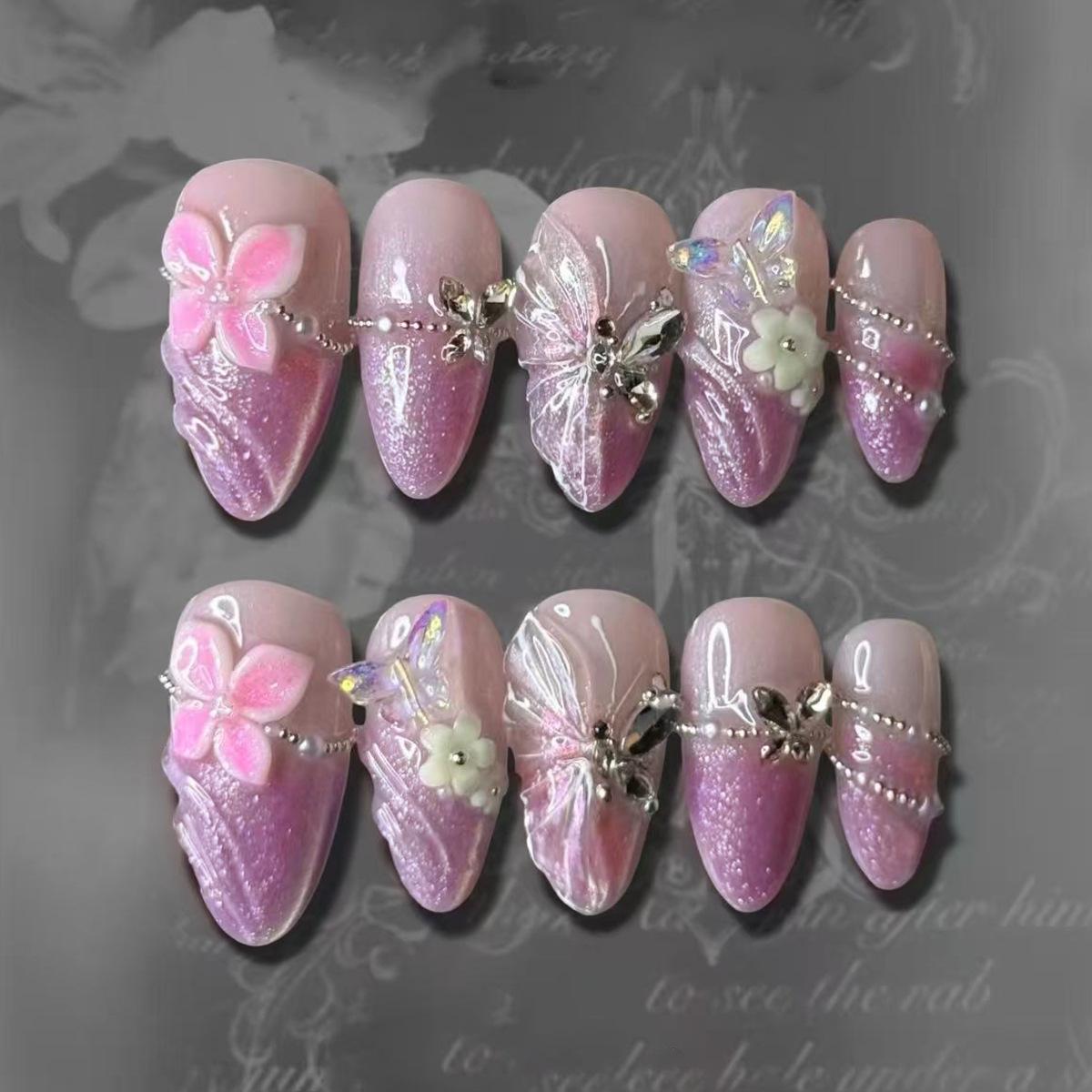 24Pcs Mid-length Gilded Almond Nails Set Press on 3D Flower Gradient Pink Full Cover False Nails Tips Pearl Reusable Fake Nails